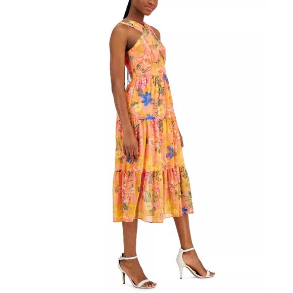 ANNE KLEIN Women's Floral-Print Crossover-Neck Midi Dress, Coral NWT - Picture 3 of 5